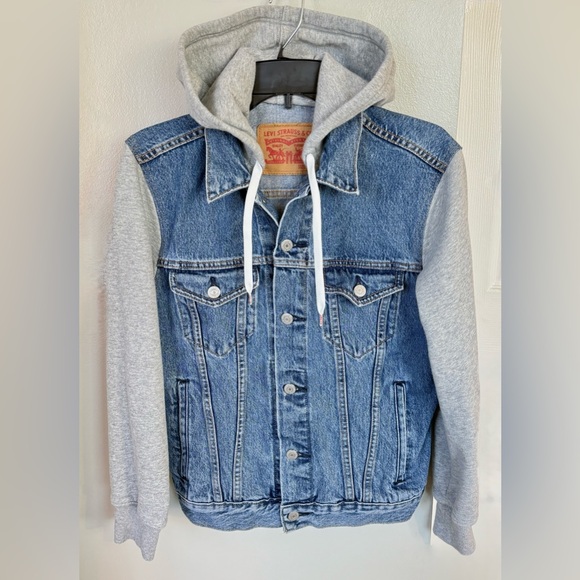 Levi’s Hybrid Hoodie Trucker Jacket Blue Denim Men’s S Small Heavyweight Gray - Picture 2 of 11